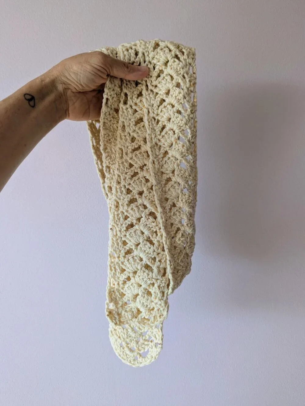 Handmade Crochet Lace Sequin Skinny Scarf Extra Long Linen Cream Gold
